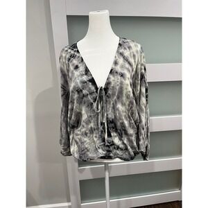 Blu Moon‎ Tie Front Long Sleeve Rayon Top XS Tie Dye Black White Grey
